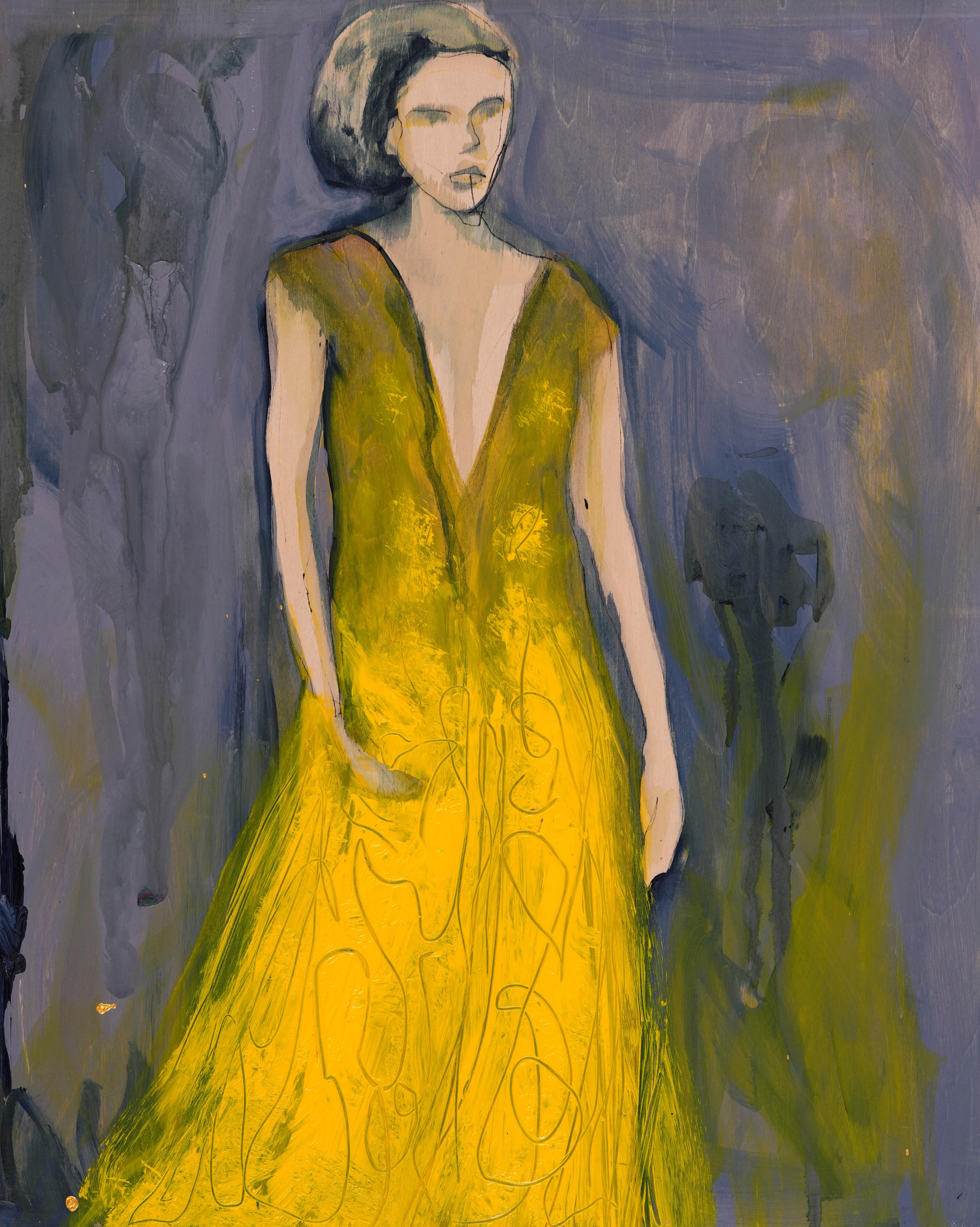 Woman in Yellow Dress-16×20-acrylic on wood-min